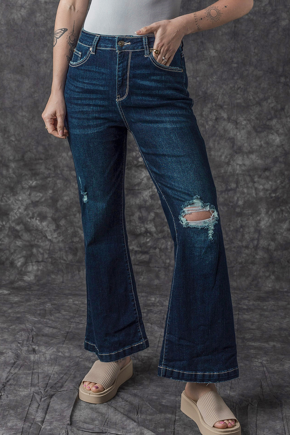 Real Teal High Rise Ripped Bell Bottom Jeans - loveforevers