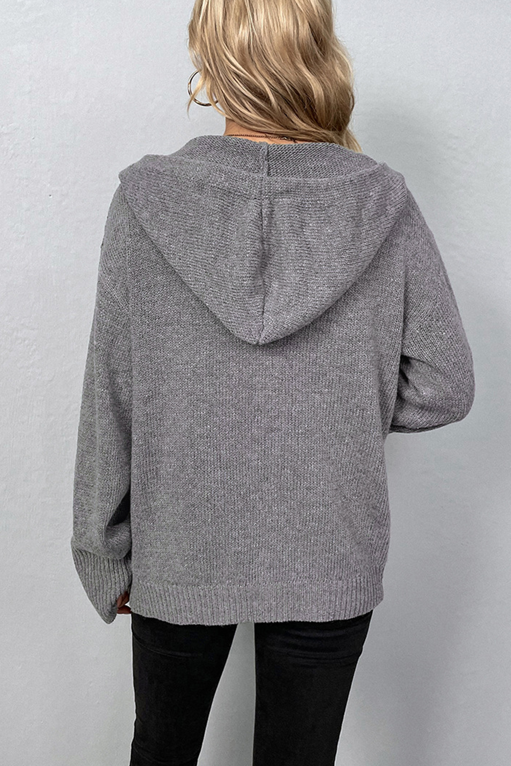 Medium Grey Drawstring Hooded Button Up Drop Shoulder Sweater Cardigan - loveforevers