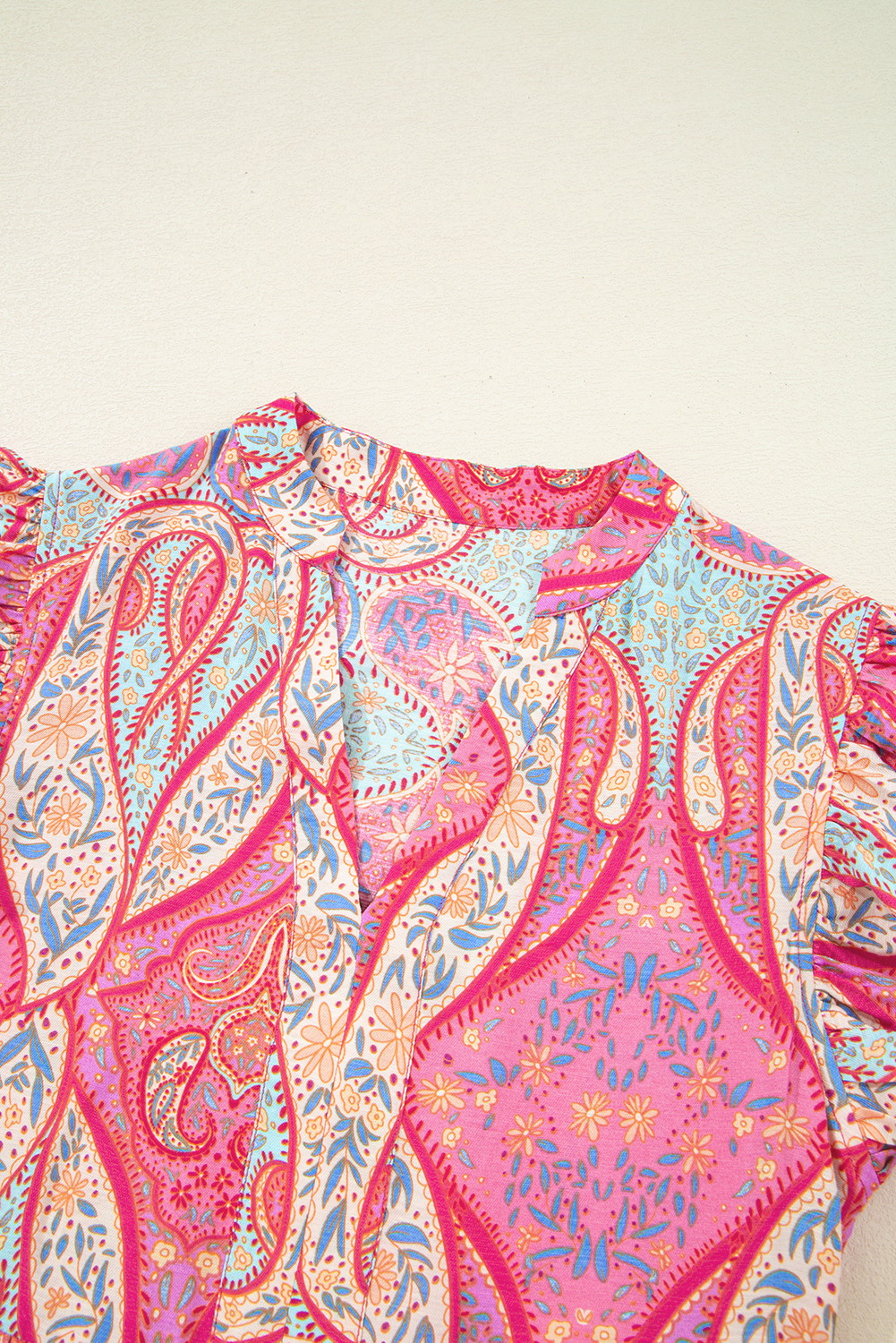 Rose Tribal Paisley Print Ruffled Sleeve Notch Neck Midi Dress - loveforevers