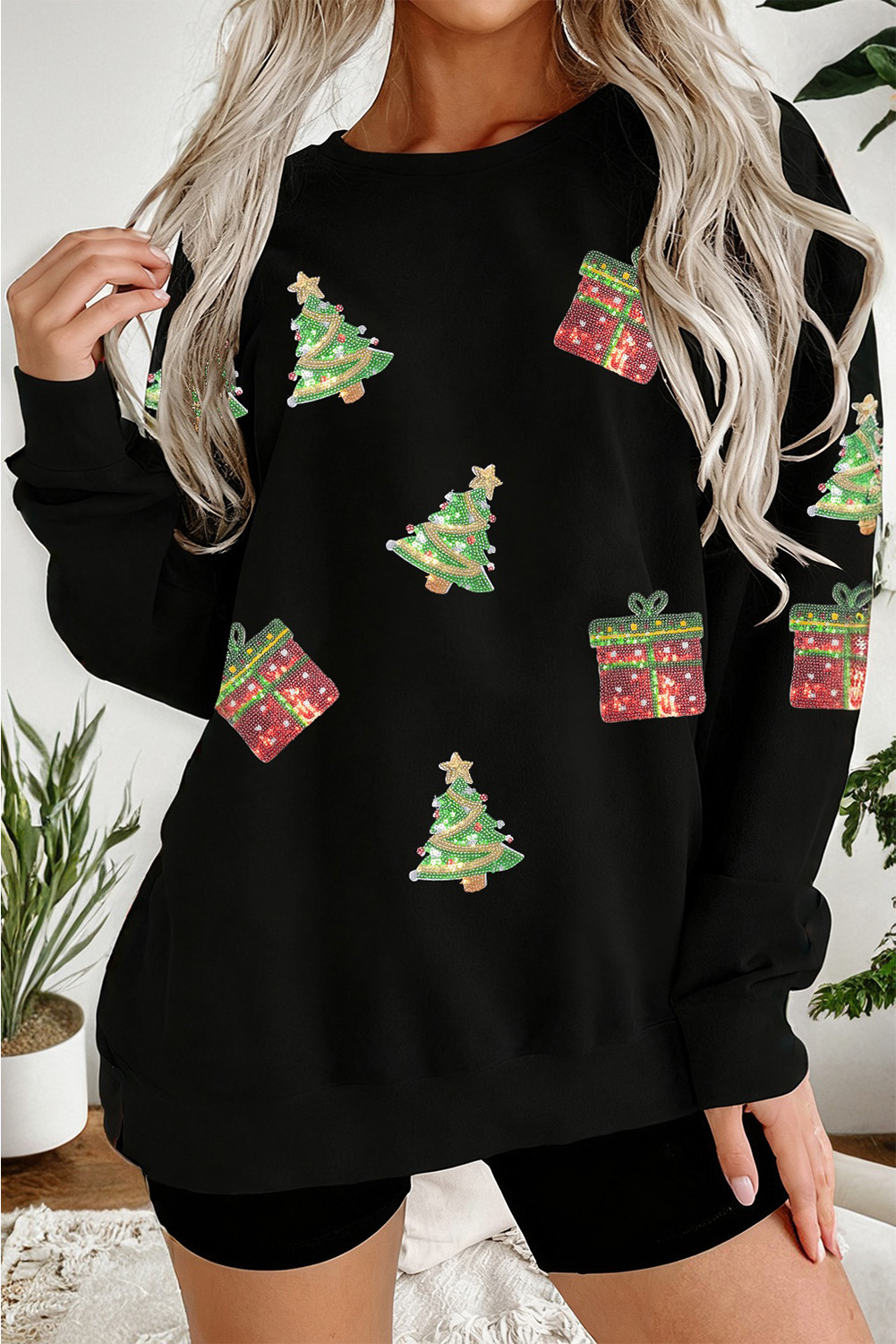Black Sequin Christmas Trees Gifts Patched Drop Shoulder Sweatshirt - loveforevers