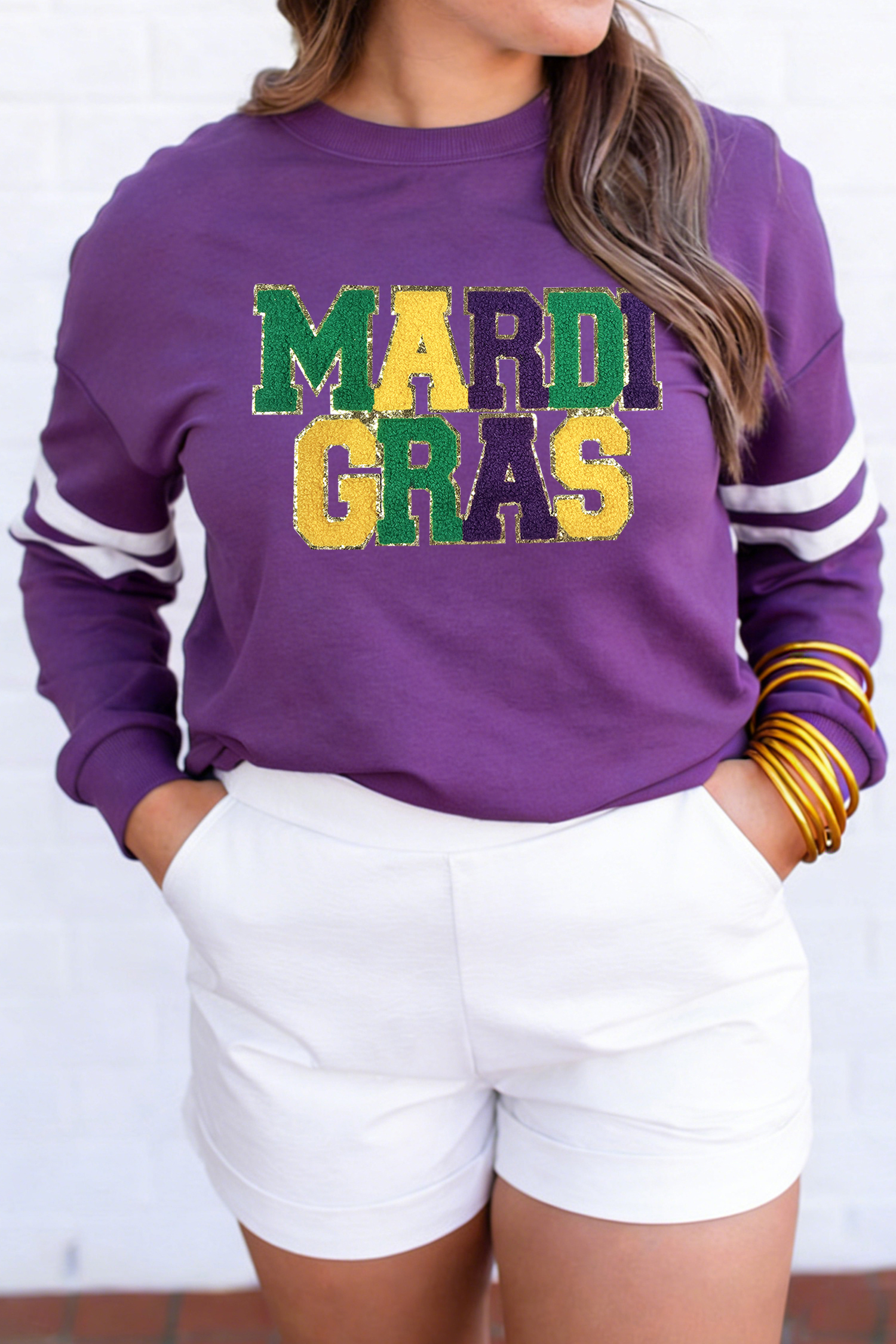 Tillandsia Purple Mardi Gras Patched Graphic Varsity Sweatshirt - loveforevers