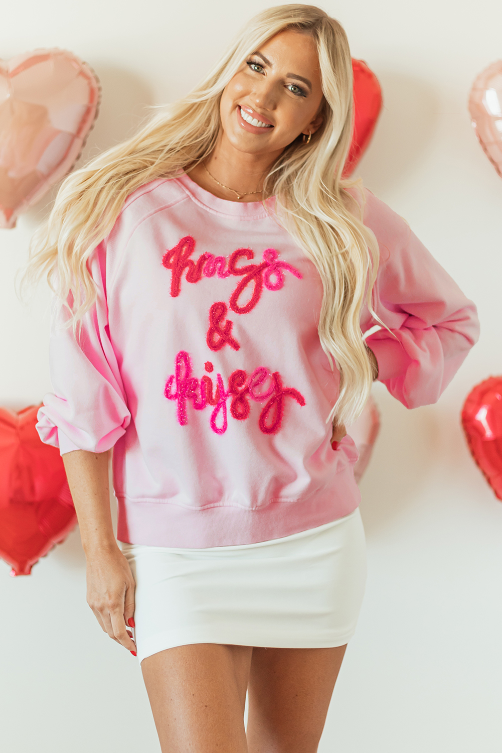 Pink Hugs and Kisses Pop Up Embroidered Raglan Sleeve Sweatshirt - loveforevers