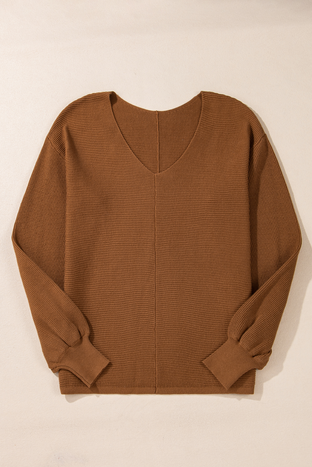 Camel Ribbed Knit Drop Sleeve V Neck Loose Fit Sweater - loveforevers