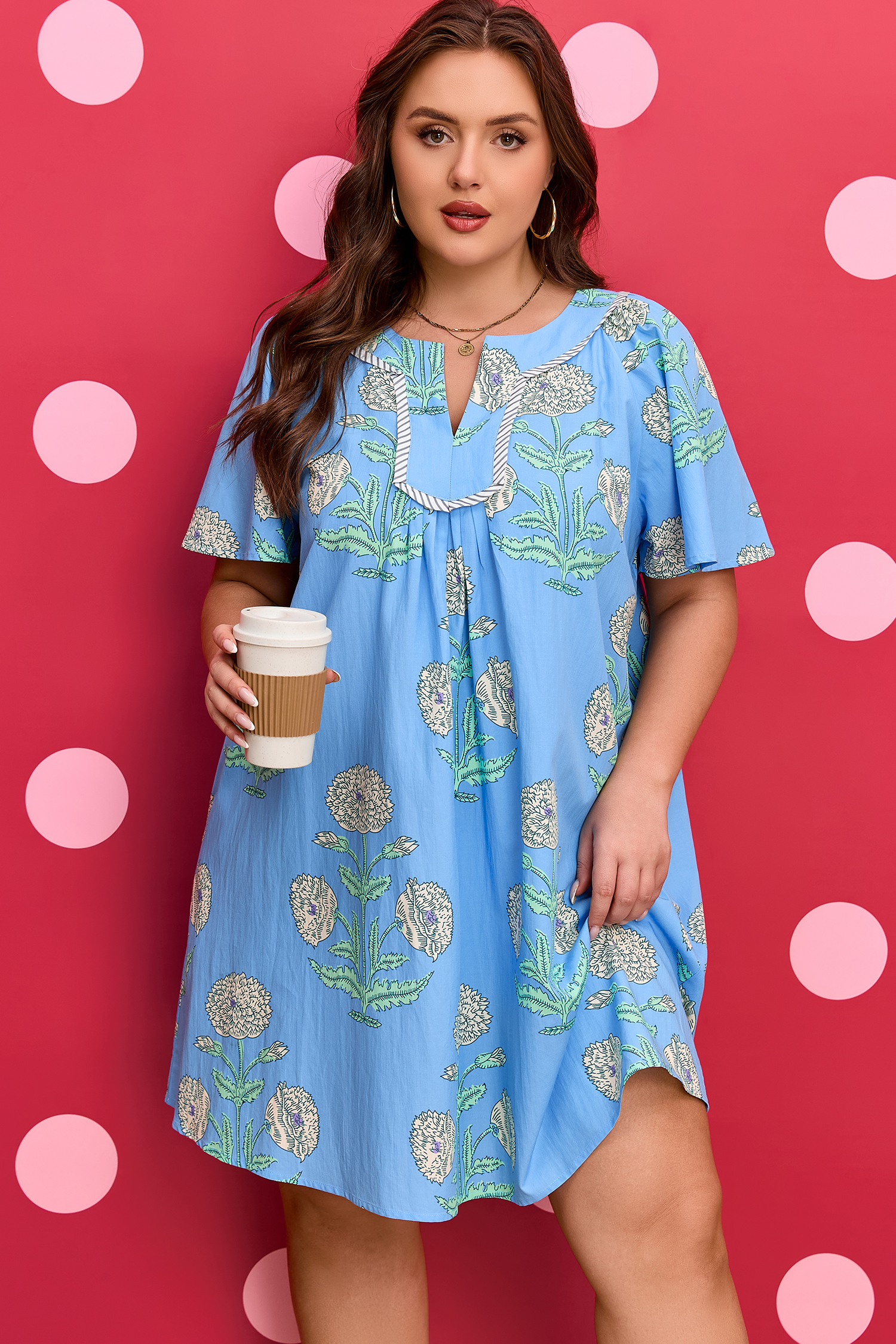 Sky Blue Plus Periwinkle Floral Printed Short Sleeve Striped Trim Split Neck Mini Dress - loveforevers