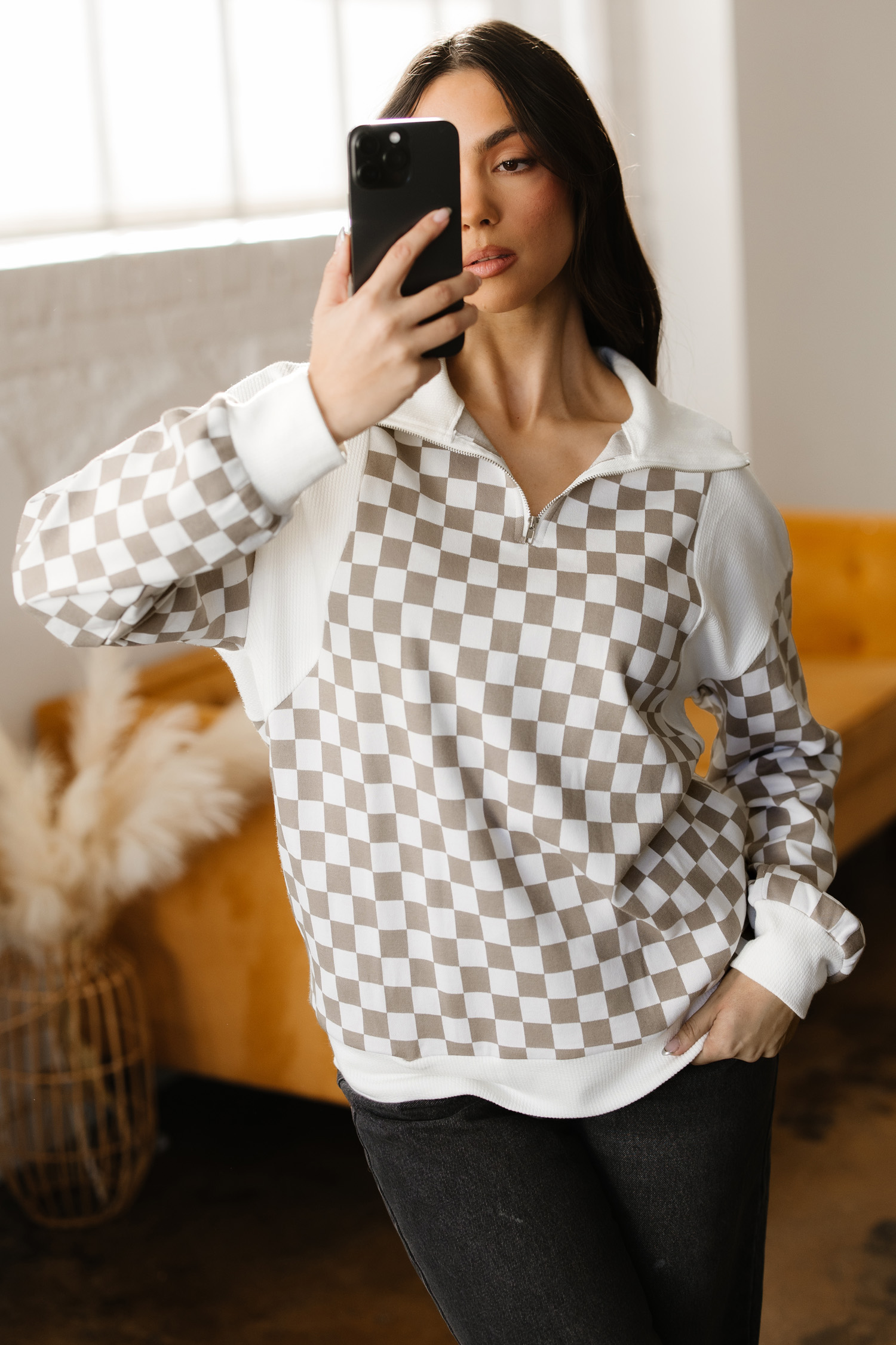 Khaki Checkered Print Quarter Zip Ribbed Patchwork Loose Sweatshirt - loveforevers