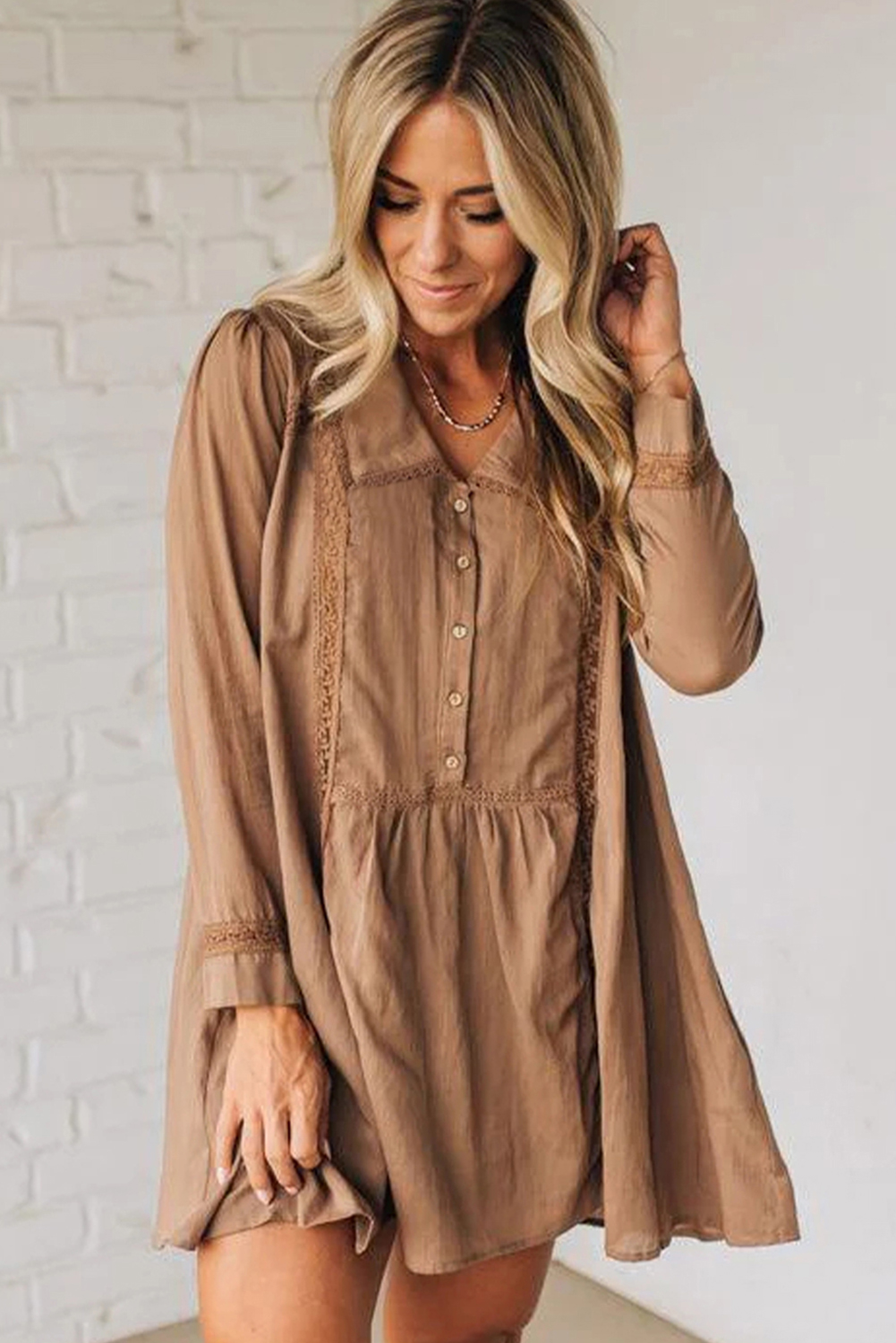 Straw Yellow Lace Trim Peter Pan Collar Long Sleeve Mini Shirt Dress - loveforevers