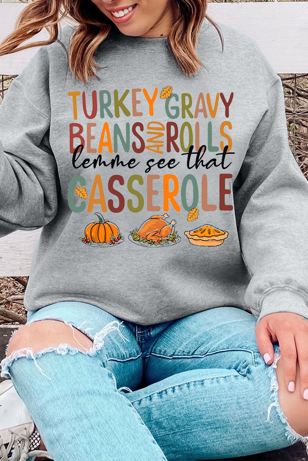Gray Thanksgiving Slogan Pumpkin Turkey Pie Graphic Sweatshirt - loveforevers
