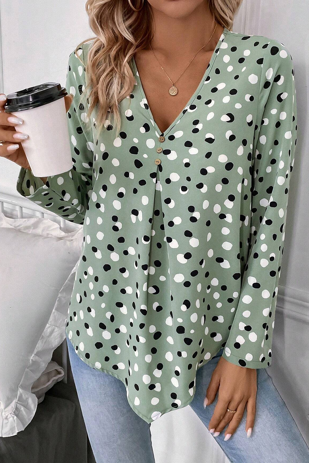 Green Polka Dot Print Button Front V Neck Blouse - loveforevers