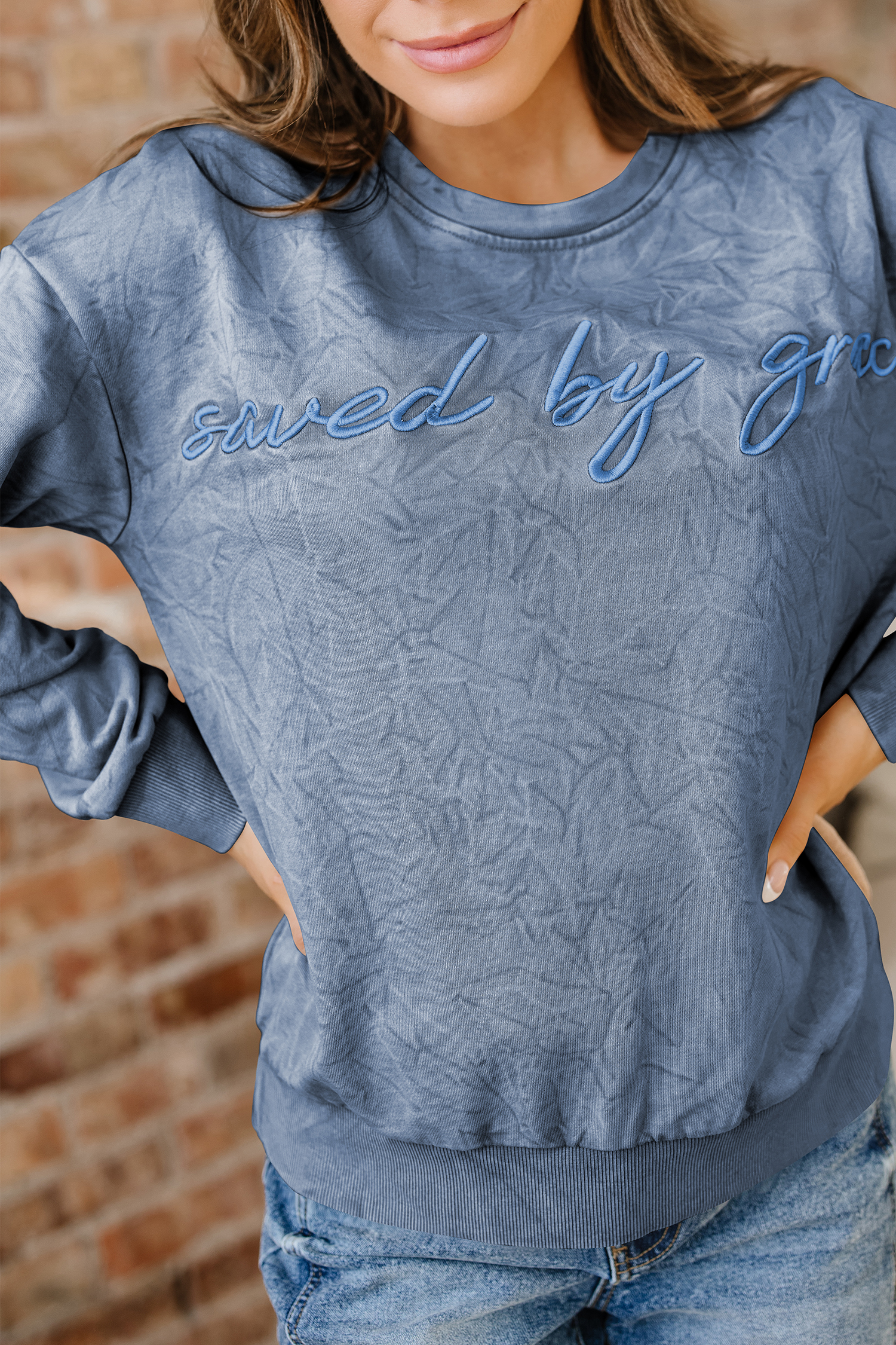DUNE saved by grace Letter Embroidery Mineral Wash Loose Sweatshirt - loveforevers