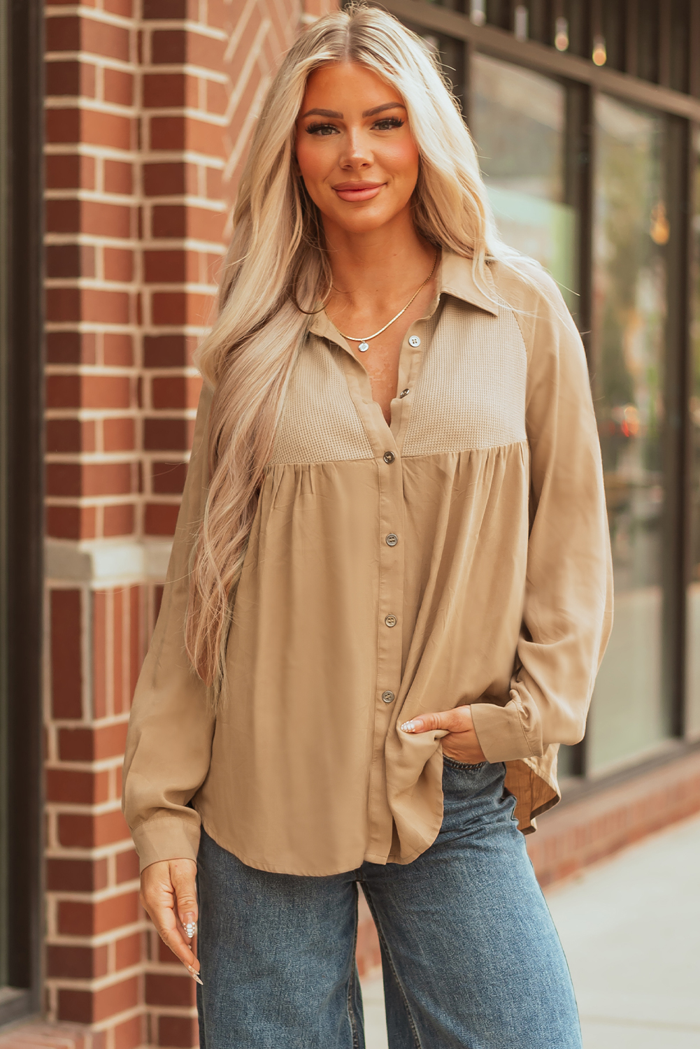 Light French Beige Waffle Patchwork Button Up Frayed Hem Shirt - loveforevers
