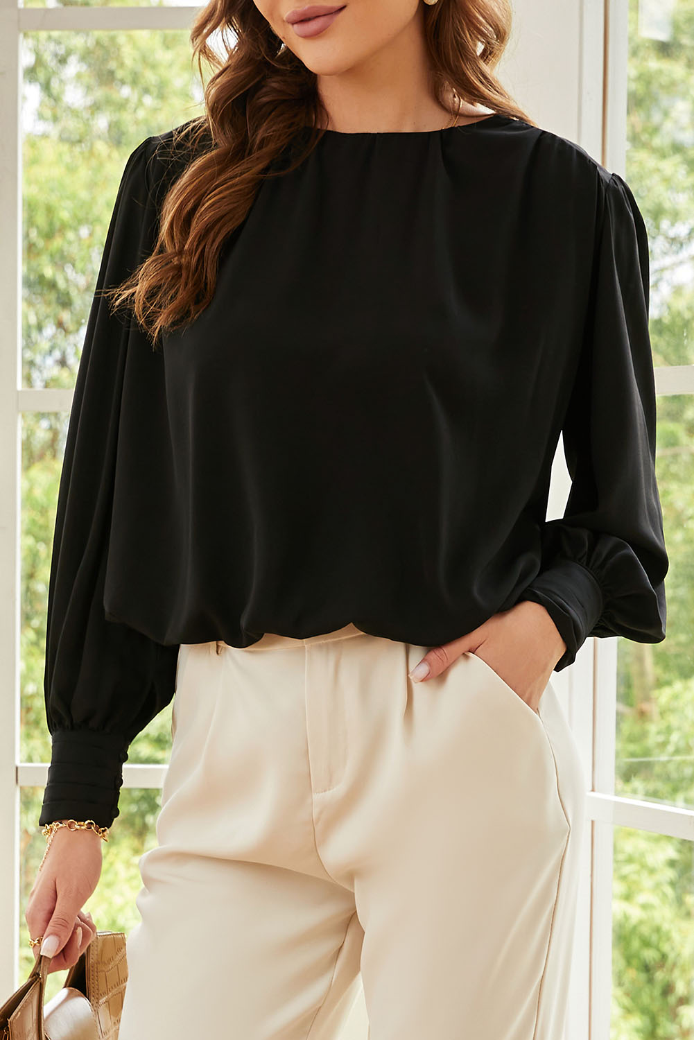 Black Padded Shoulder Buttoned Cuffs Pleated Loose Blouse - loveforevers