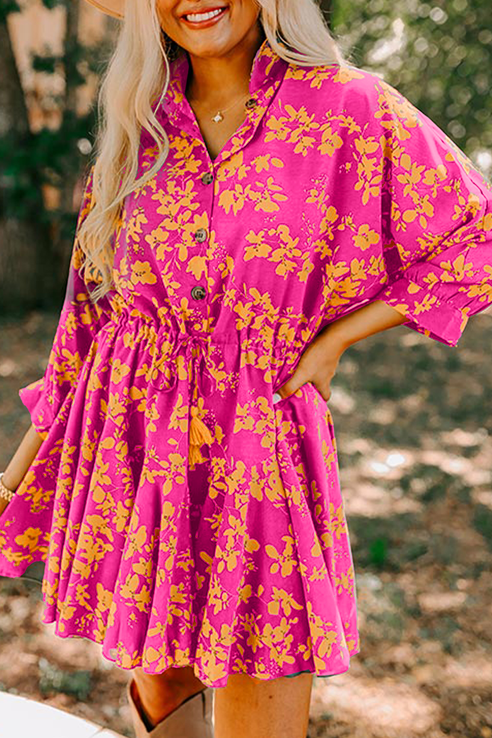 Pink Floral Print Drawstring Tunic Flowy Short Dress - loveforevers