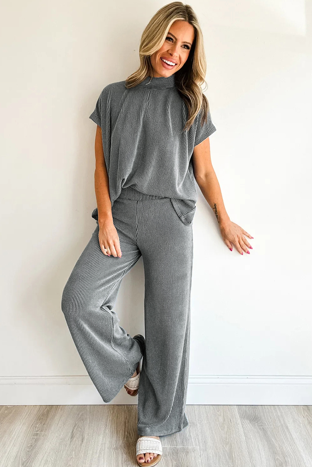 Dark Grey Twisted Ribbed High Neck Loose Tee Elastic High Waist Loose Pant Set - loveforevers