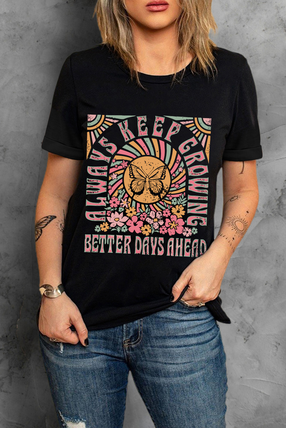 Black Always Keep Growing Butterfly Flower Crewneck Graphic Tee - loveforevers