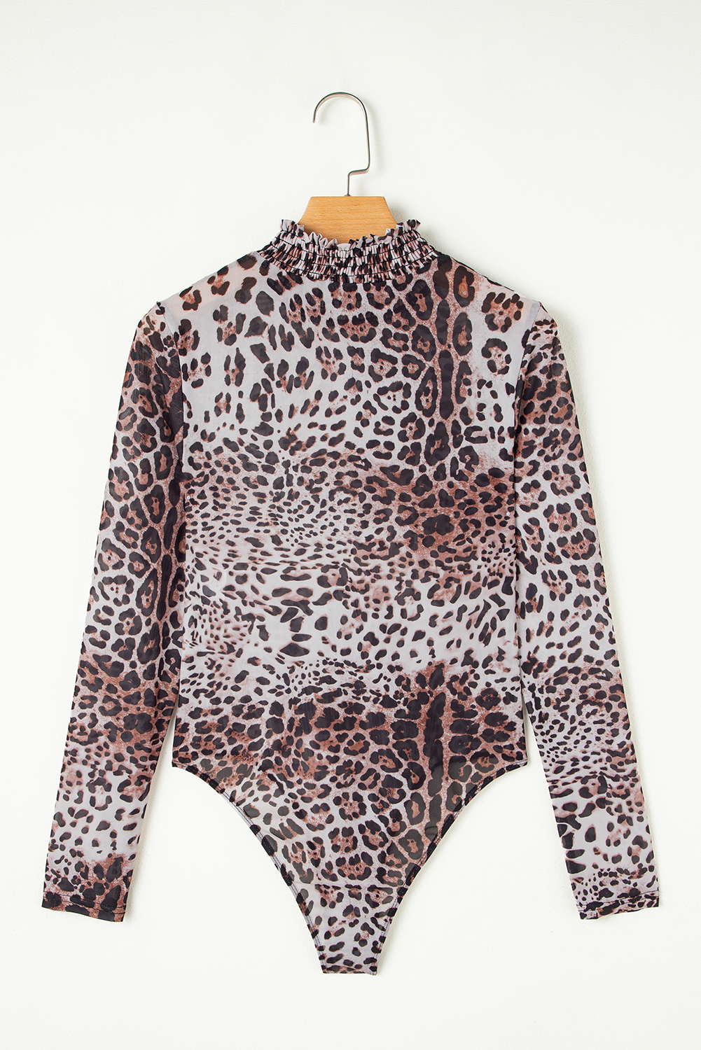 Brown Leopard Smocked Neck Mesh Long Sleeve Bodysuit - loveforevers