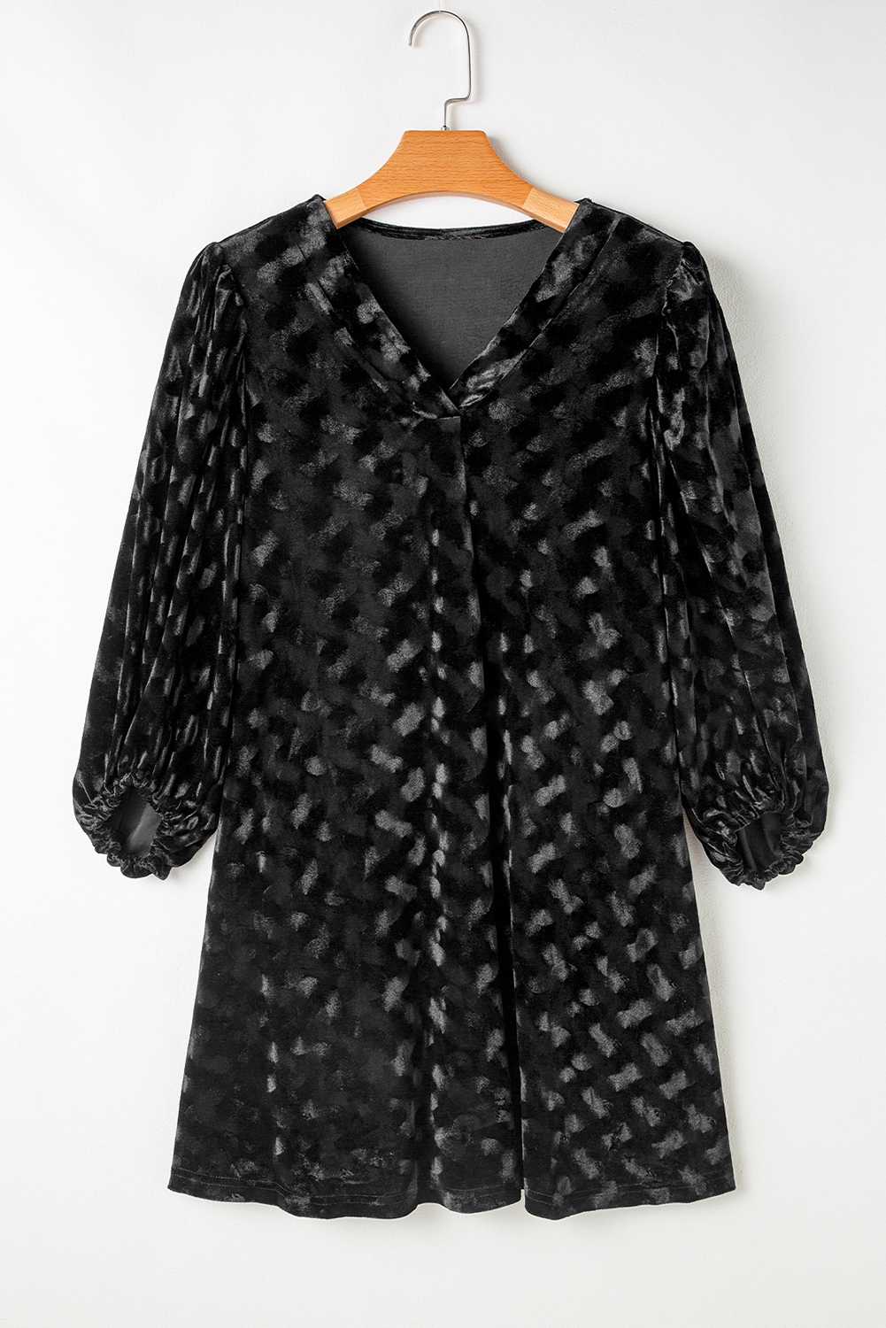 Black Textured V Neck Balloon Sleeve Velvet Mini Dress - loveforevers