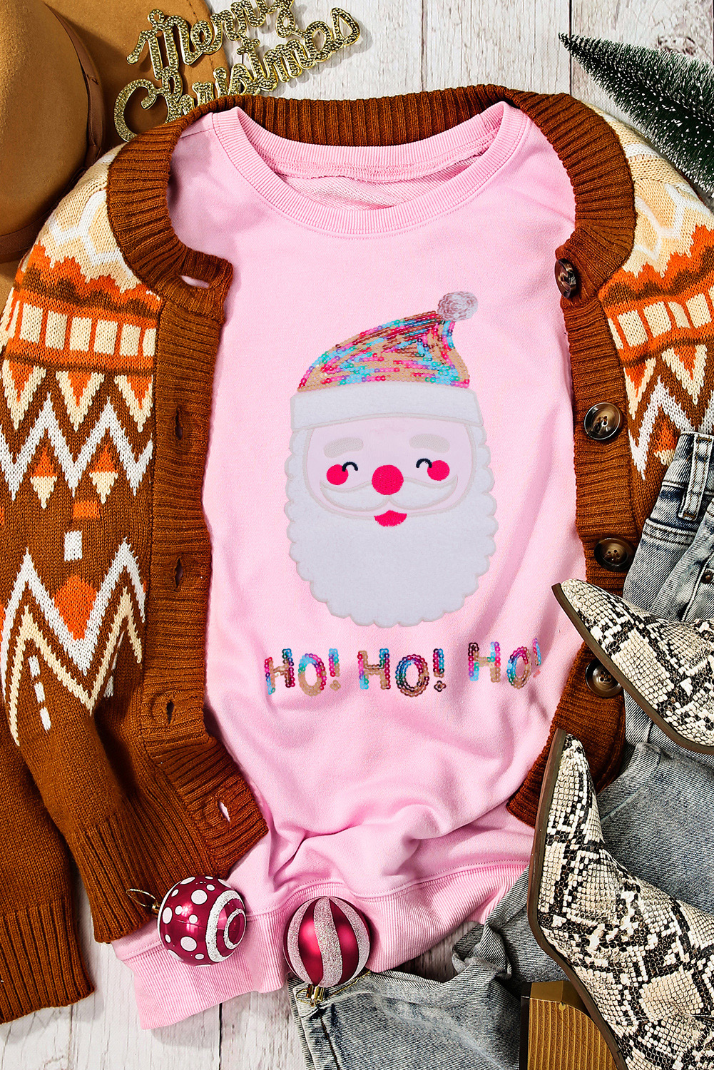 Fiery Red Santa Claus Sequin Graphic Sweatshirt - loveforevers