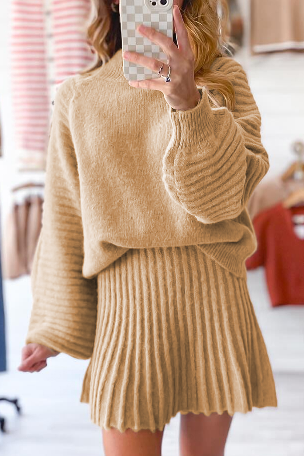 Smoke Gray High Neck Puff Sleeve Sweater Pleated Mini Skirt 2pcs Knitted Outfit - loveforevers