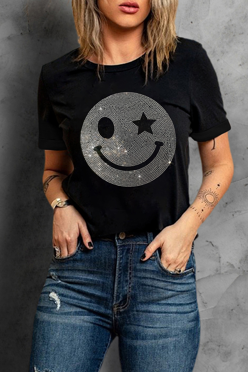 Black Sparkle Rhinestone Smile Face Graphic T Shirt - loveforevers