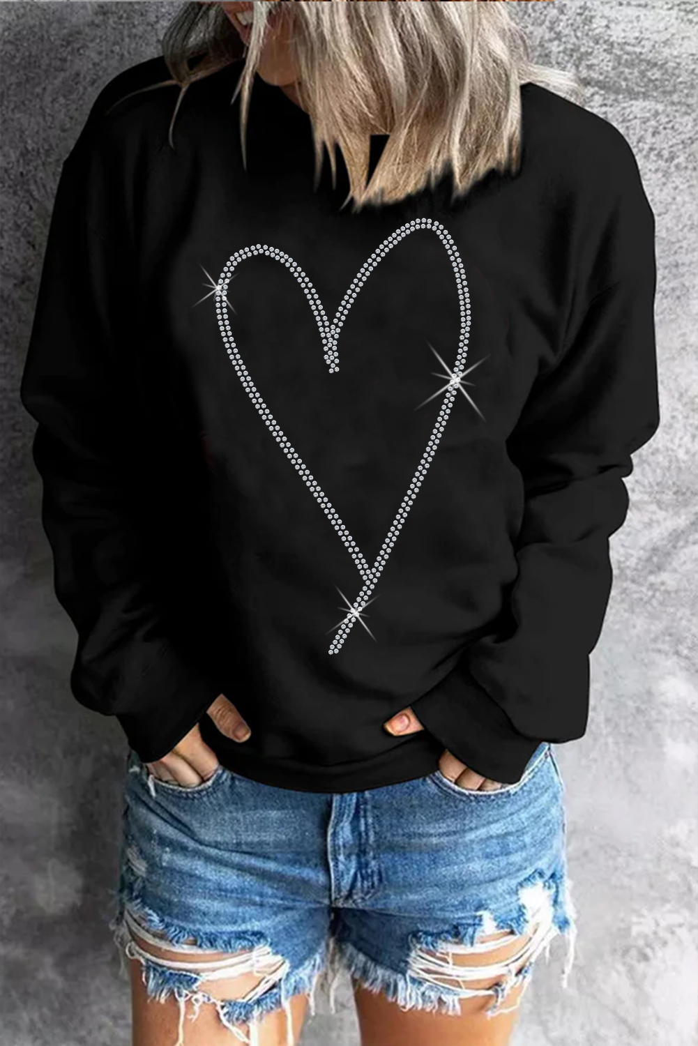 Black Rhinestone Heart Pattern Valentines Fashion Sweatshirt - loveforevers