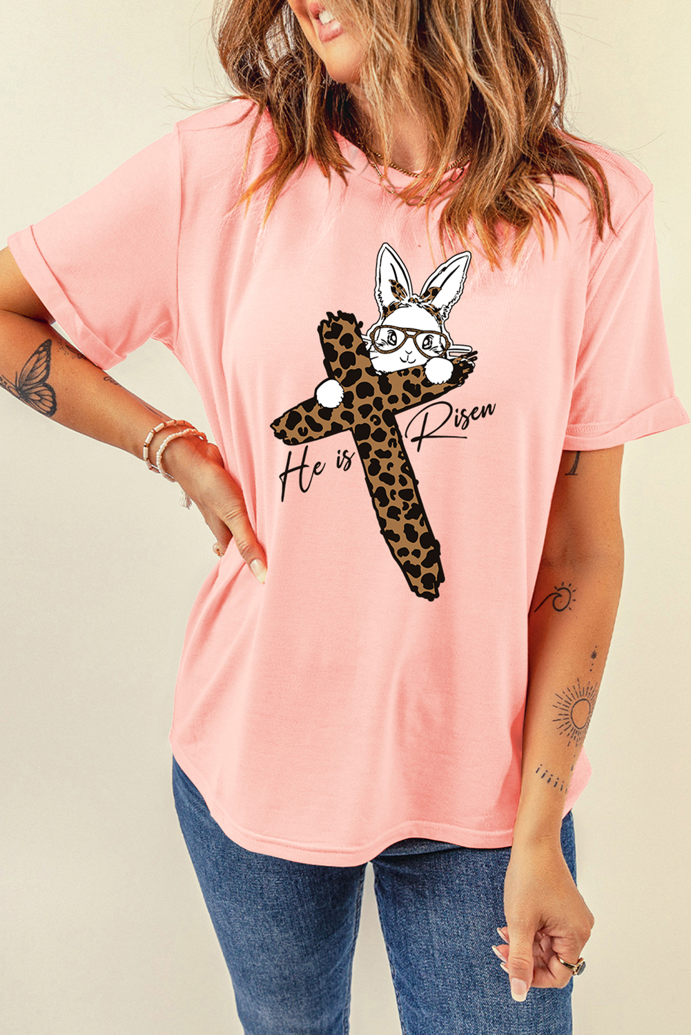 Pink He is Risen Easter Bunny Leopard Cross Graphic Tee - loveforevers