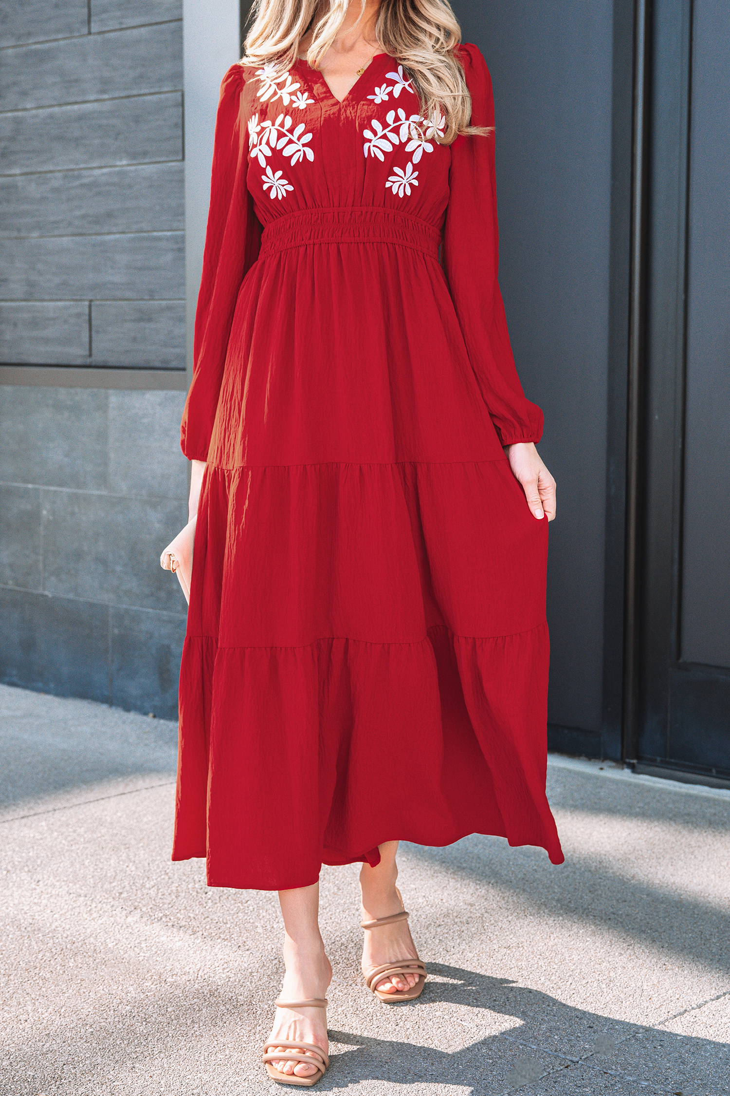 Racing Red Contrast Embroidered Detail Cinched Waist Tiered Long Sleeve Maxi Dress - loveforevers
