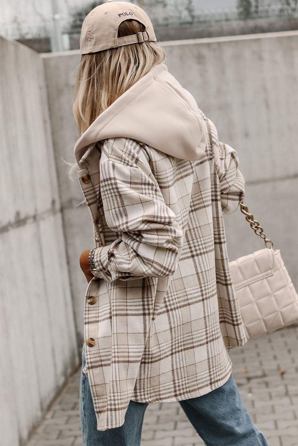 Khaki Plaid Removable Hood Buttoned Shacket - loveforevers