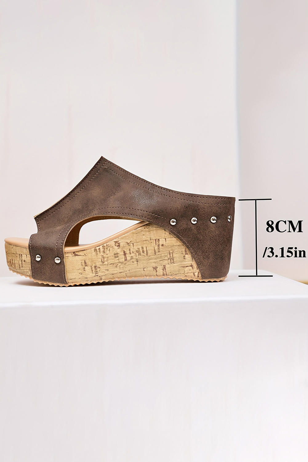 Chestnut Hollow Out Studded PU Leather Wedge Slippers - loveforevers