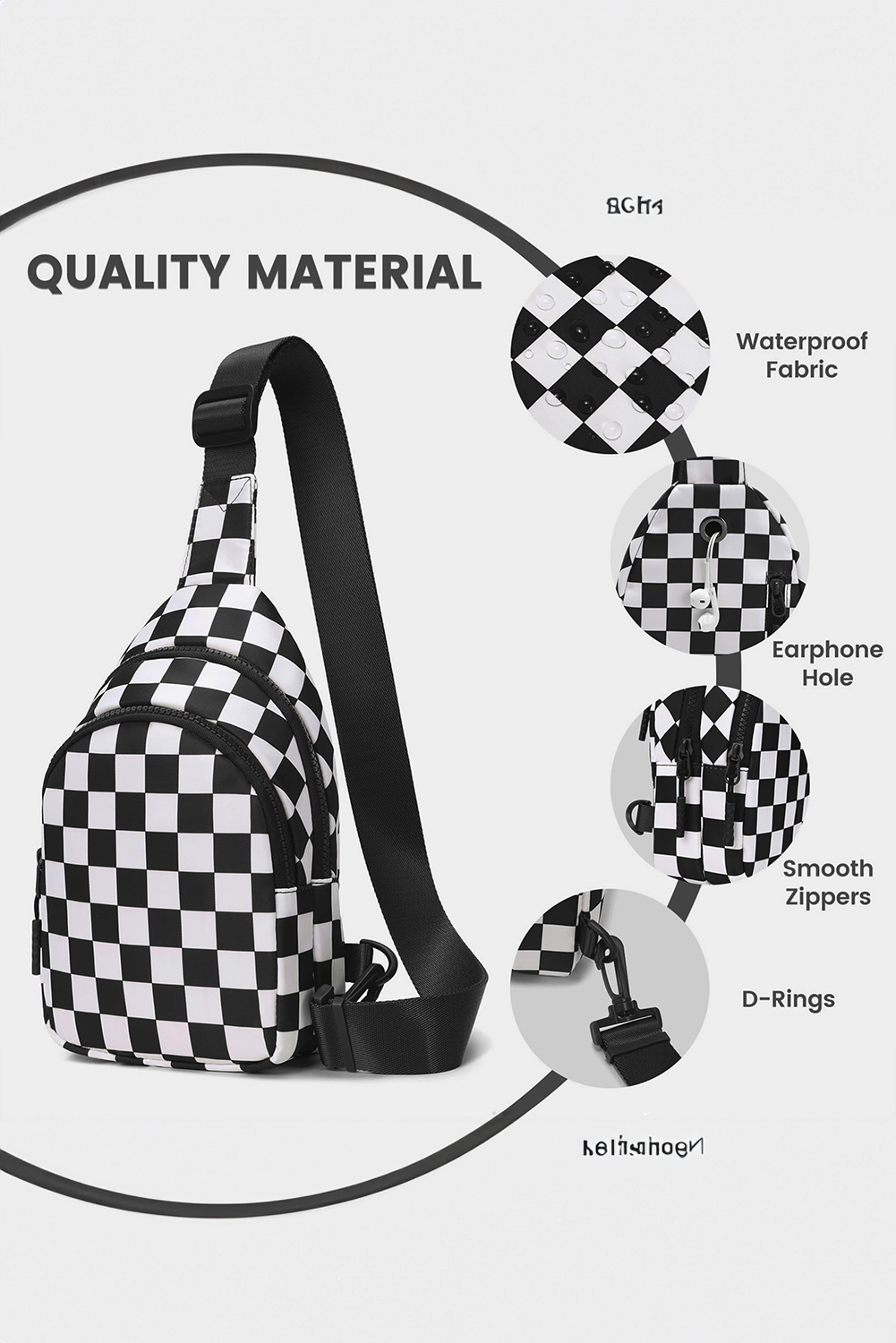 Black Checkered Print Zip Front Sling Backpack Crossbody Bag - loveforevers
