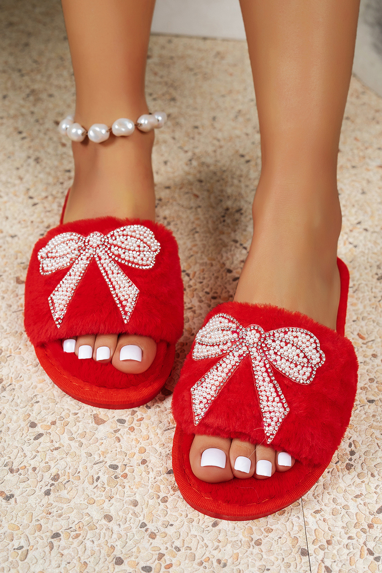 Fiery Red Pearl Rhinestone Embellished Bow Open Toe Plush Slippers - loveforevers