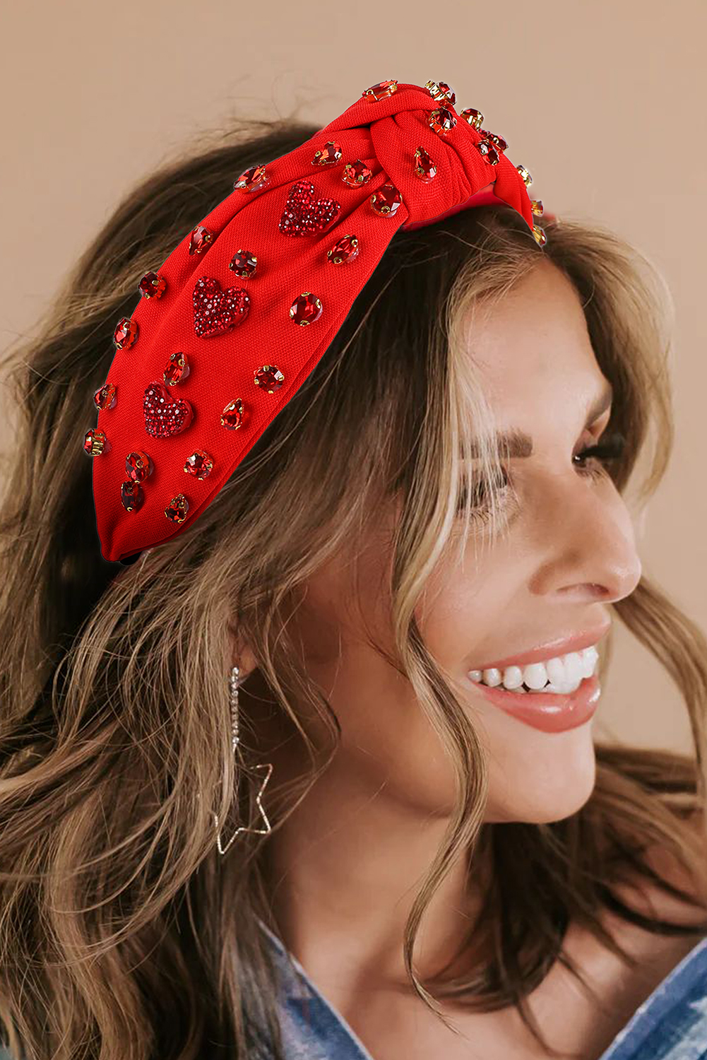 Fiery Red Rhinestone Heart Glass Drill Studded Knotted Wide Headband - loveforevers