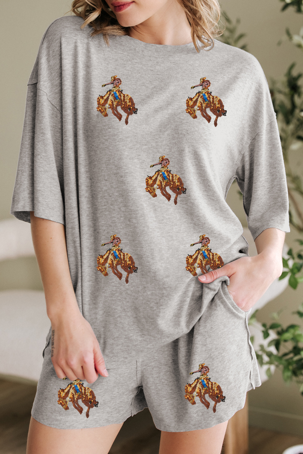 Gray Western Pattern Patched Half Sleeve Tee and Pocketed Shorts Set - loveforevers