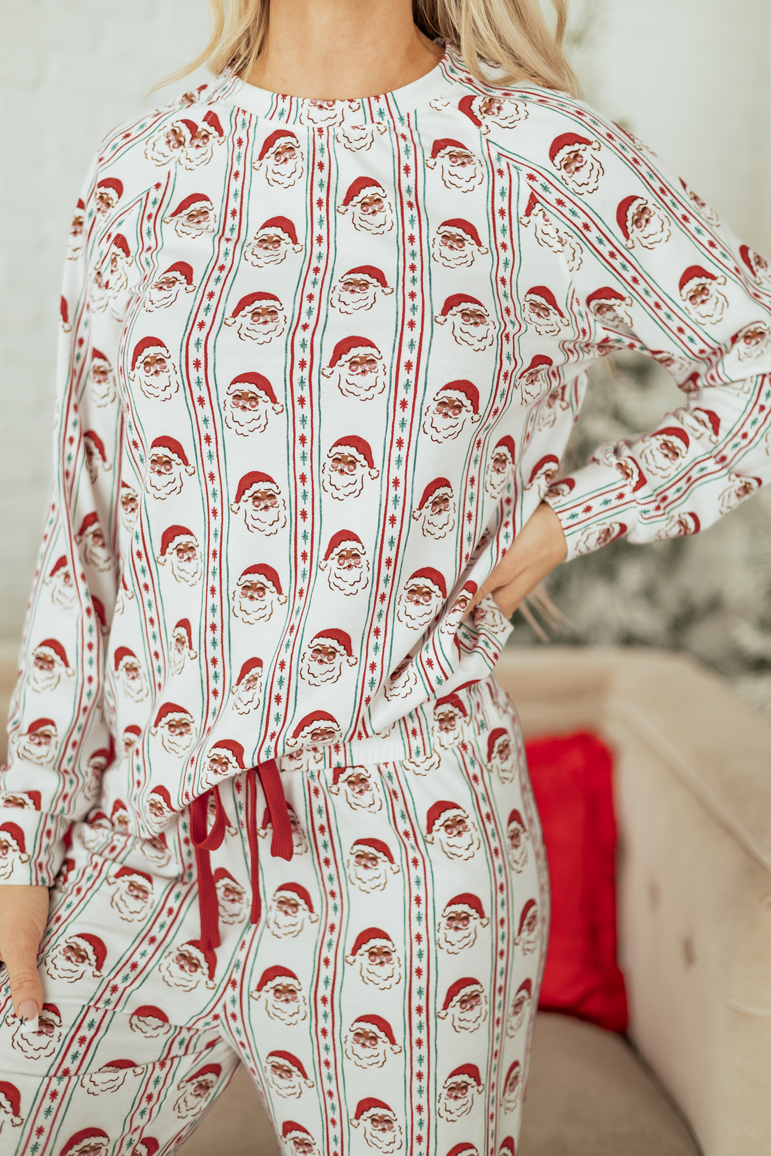 White Father Christmas Striped Print Contrast Drawstring Lounge Pant Set - loveforevers