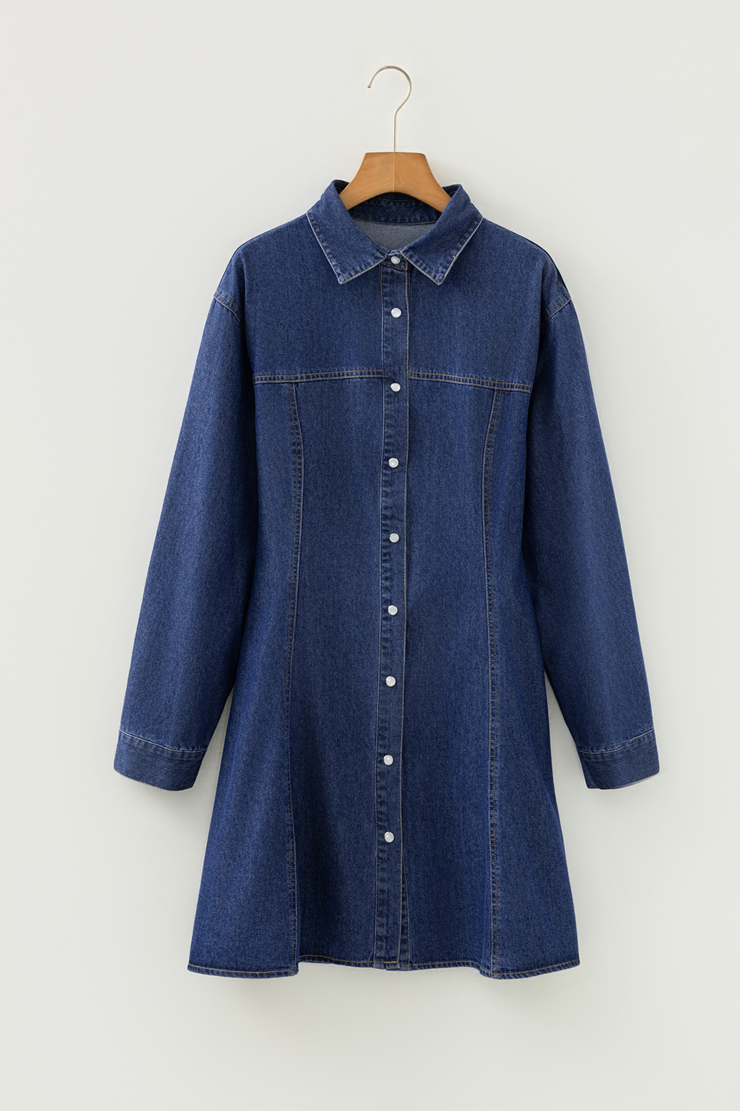 Ashleigh Blue Denim Shirt Collar Long Sleeve Flared Mini Dress - loveforevers