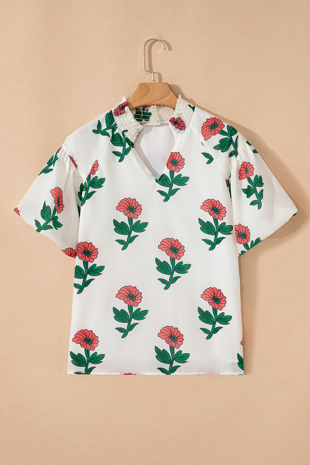 Beige Floral Print Shirred Split Neck Short Sleeve Blouse - loveforevers