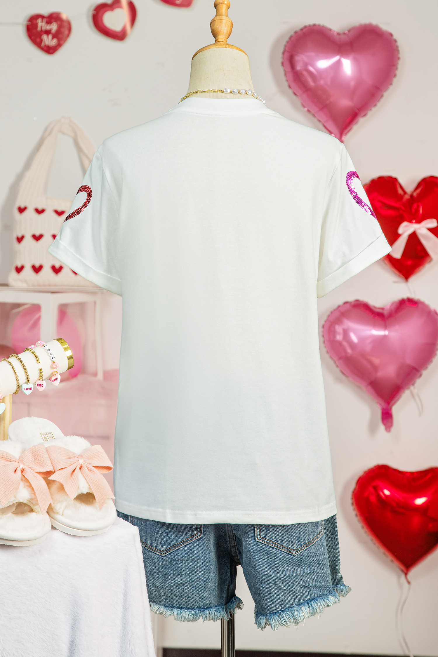 White Sequin Heart Sketch Graphic Womens Casual Tee - loveforevers