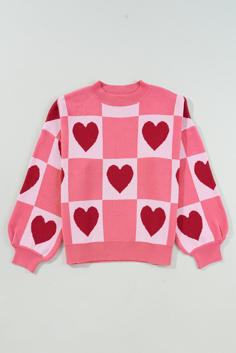 Pink Love Heart Checkered Valentine Crew Neck Sweater - loveforevers