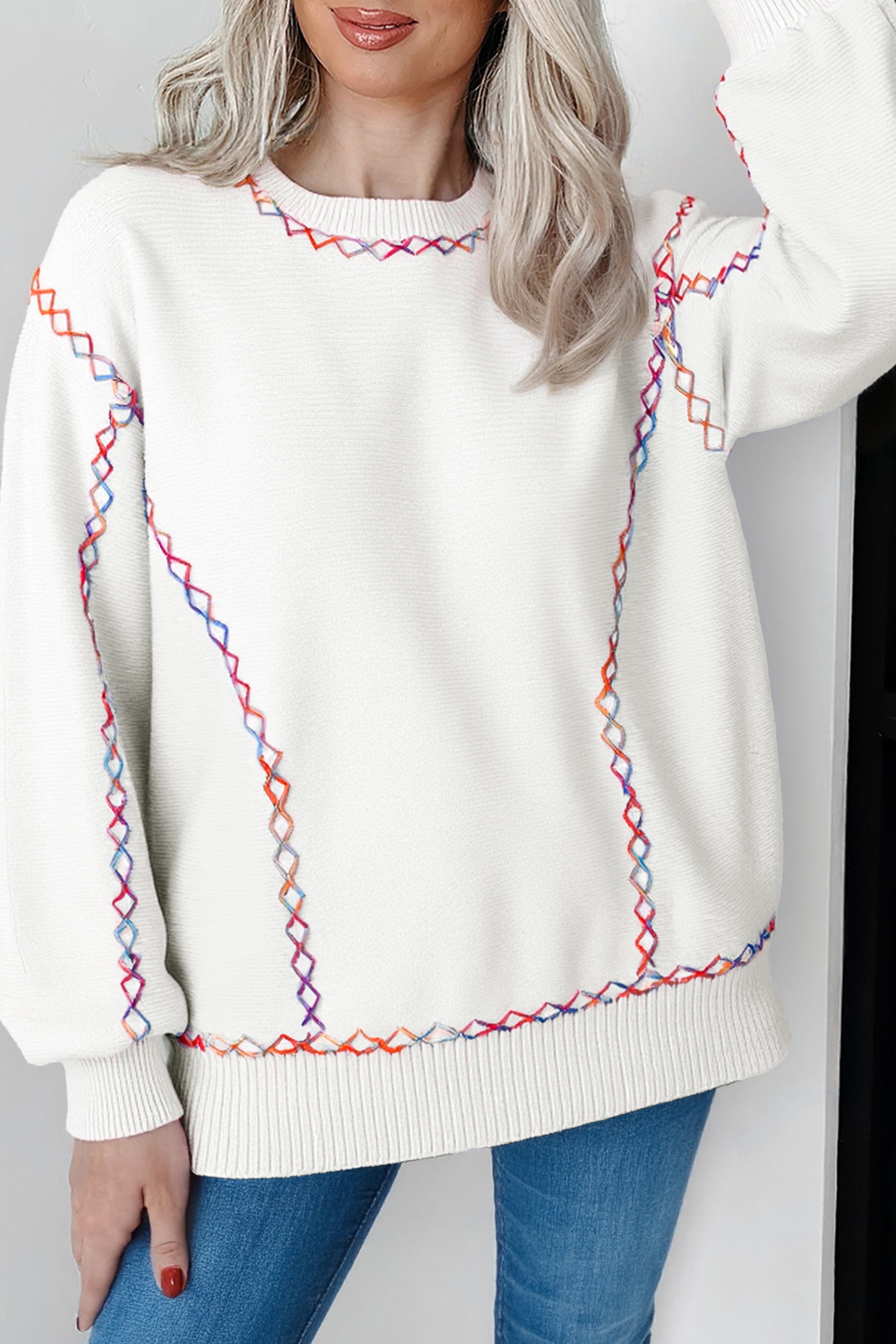 White Rainbow Stitching Balloon Sleeve Relaxed Sweater - loveforevers