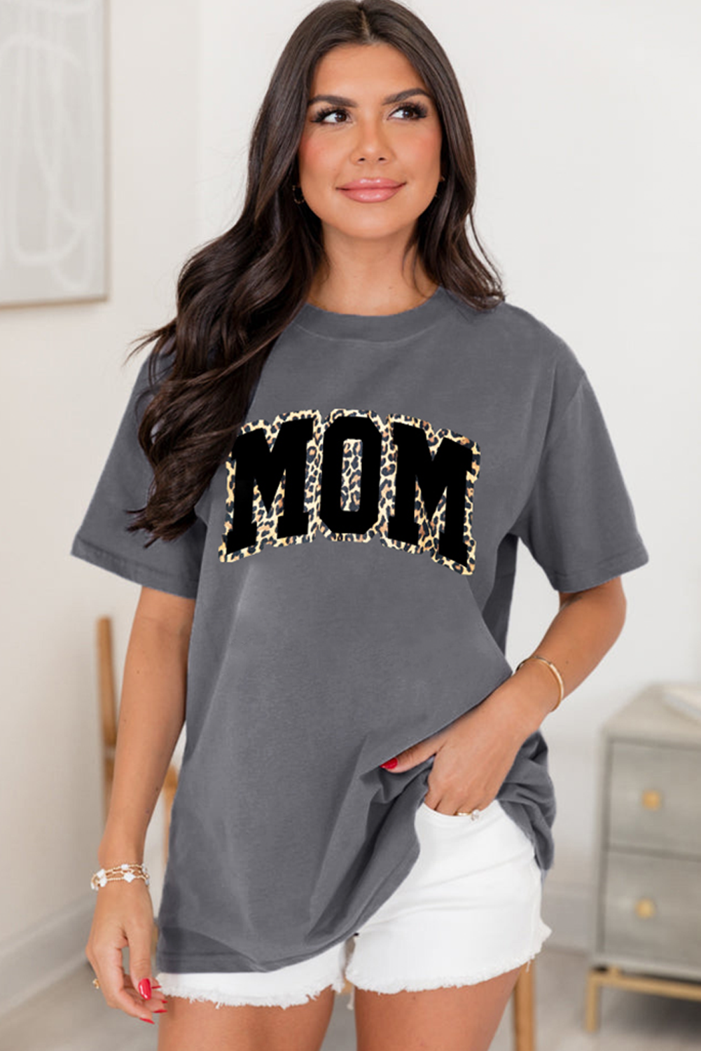 Gray Leopard MOM Graphic Crewneck Mothers Day T Shirt - loveforevers