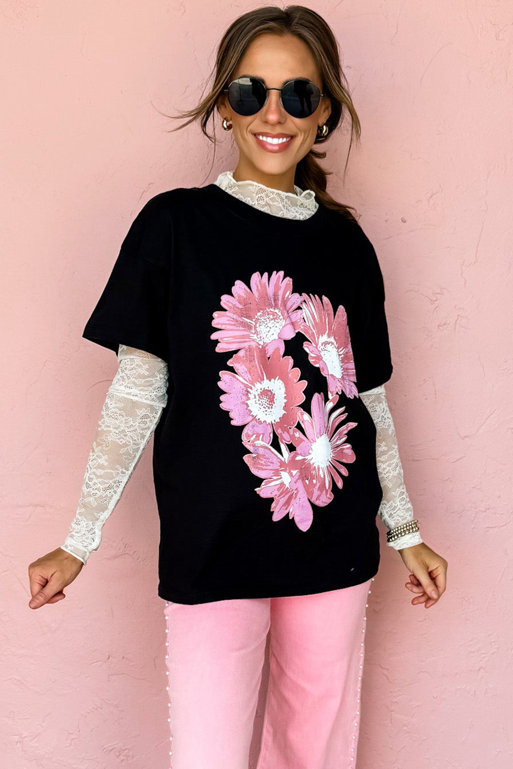 Black Pink Daisy Flower Printed Cotton Blend T Shirt - loveforevers