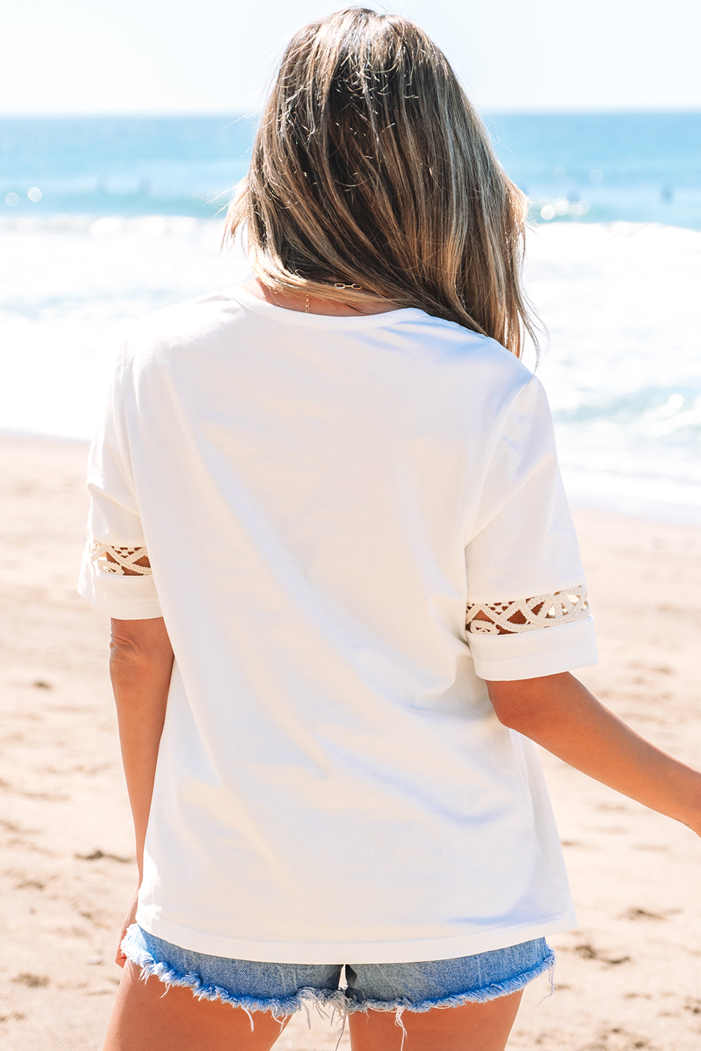 White Lace Crochet Crew Neck Casual T Shirt - loveforevers