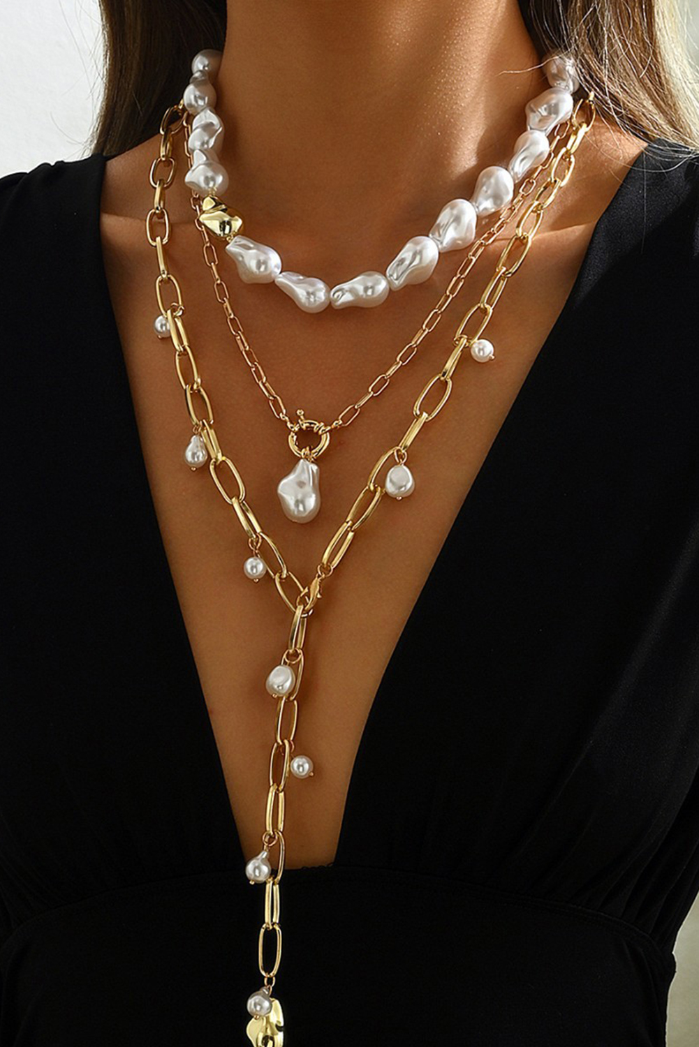 Gold Alloy Plated Chain Baroque Pearl 3pcs Layered Necklace Set - loveforevers