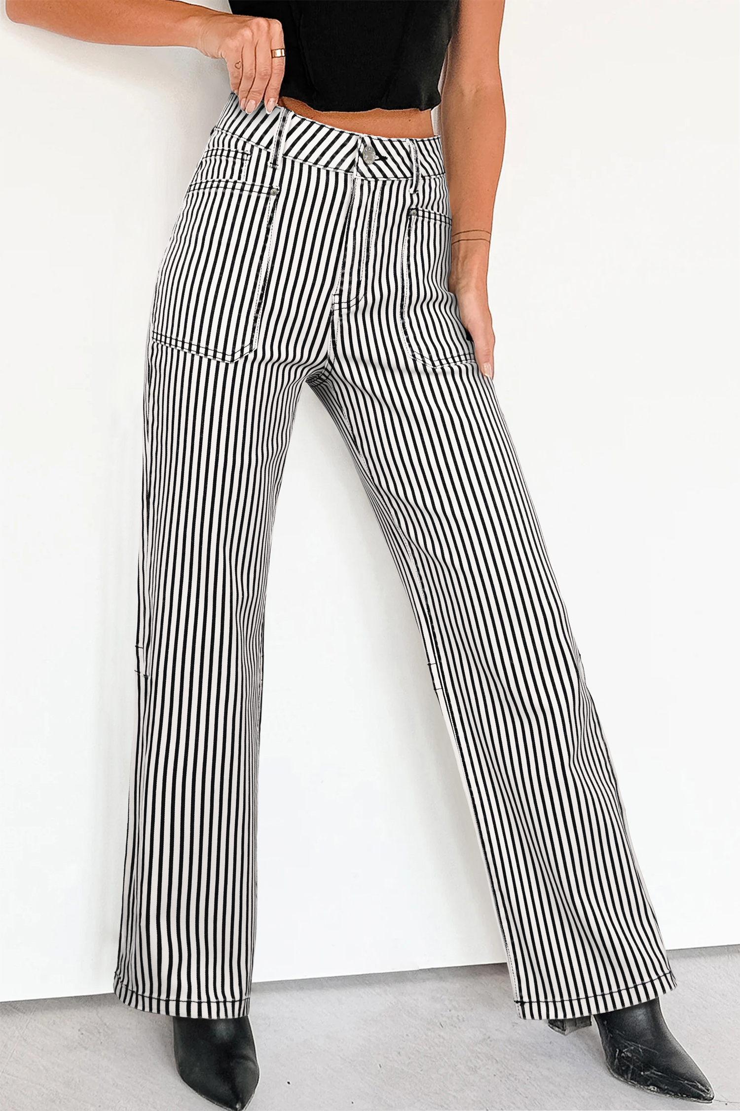 Black Stripe Patch Pocket High Waist Shift Denim Jeans - loveforevers