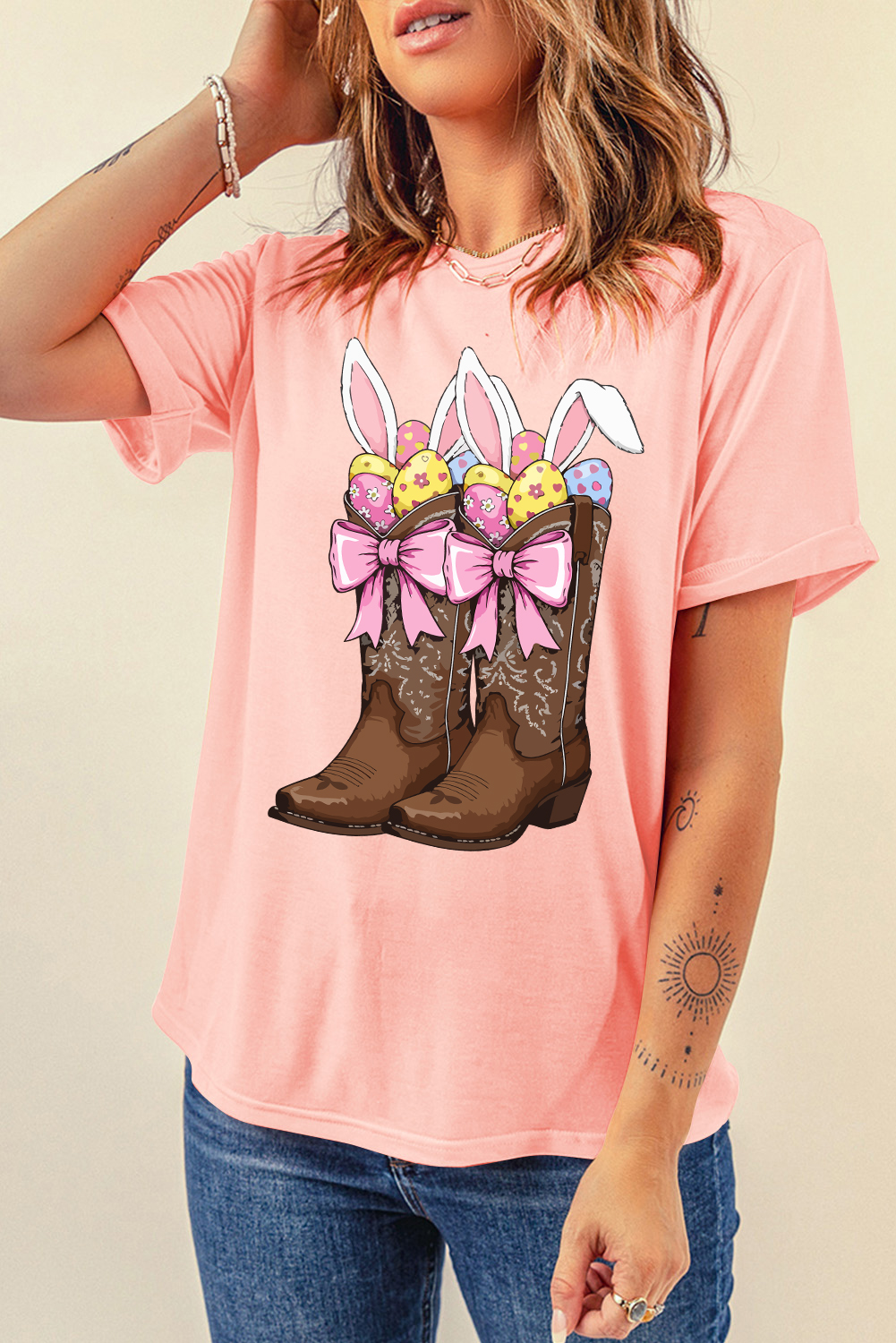 Pink Easter Eggs Bunny Ear Bow Boots Printed Tee - loveforevers