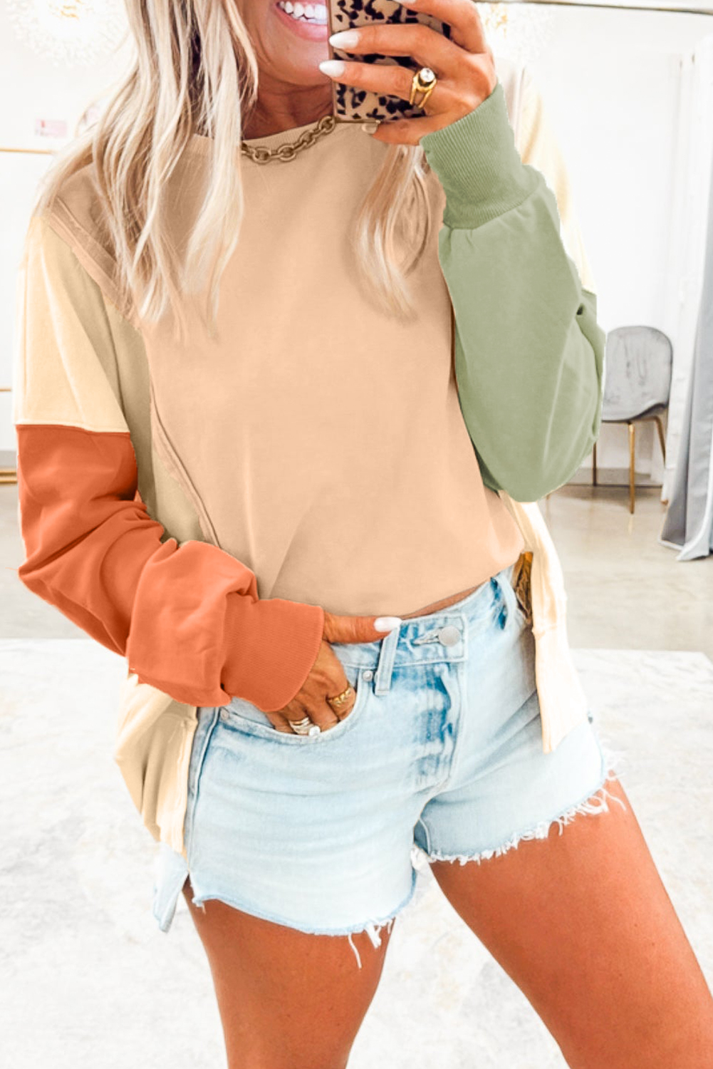 Beige Color Block Patchwork Split Hem Casual Sweatshirt - loveforevers