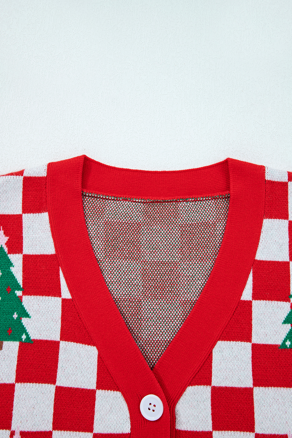 Pink Checkered Christmas Tree Pattern Button V Neck Cardigan Sweater - loveforevers