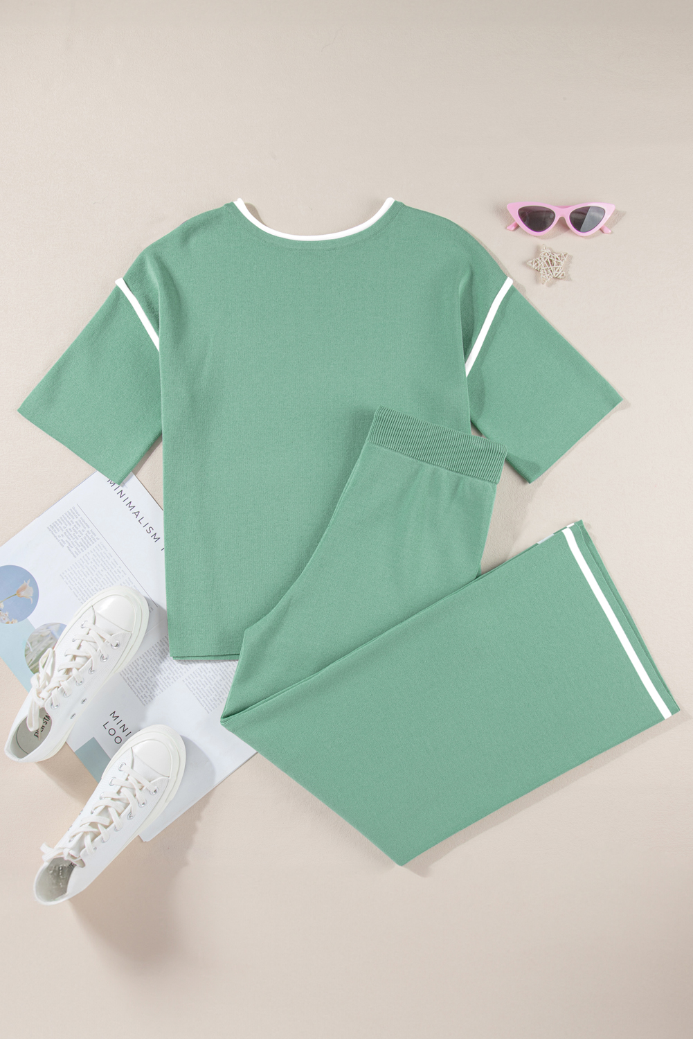 Blackish Green Contrast Trim Half Sleeve Top Drawstring Pants Loose 2pcs Sweater Suit - loveforevers
