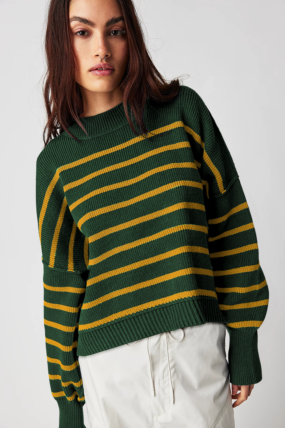 Green Stripe Ribbed Drop Shoulder Baggy Sweater - loveforevers