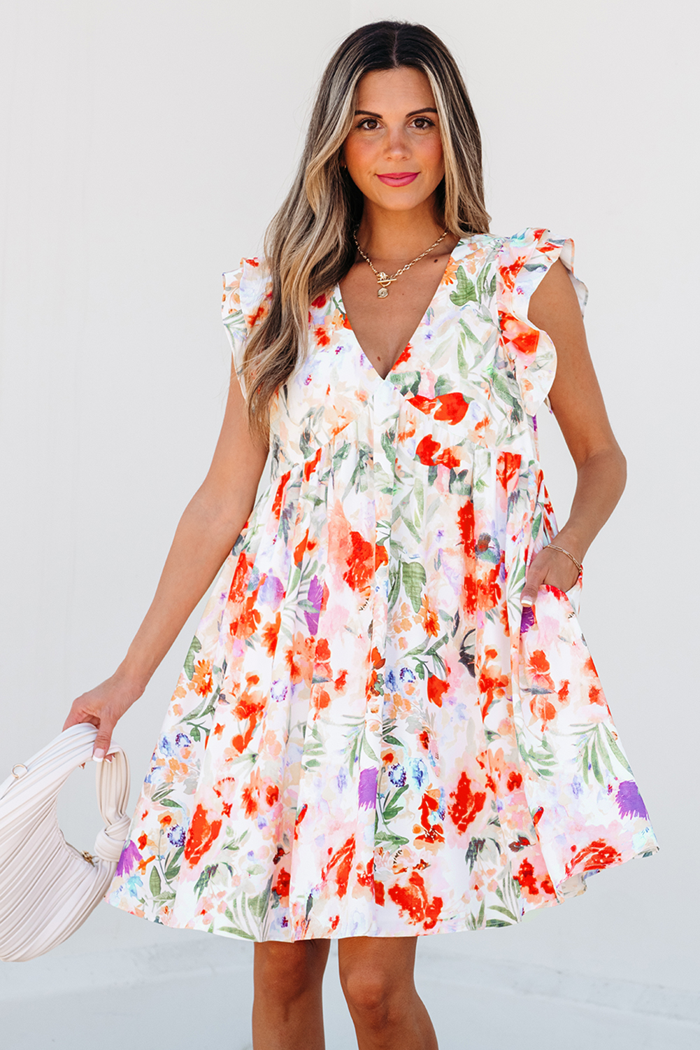 Pink Floral Double Ruffle Sleeve V Neck High Waist Mini Dress - loveforevers