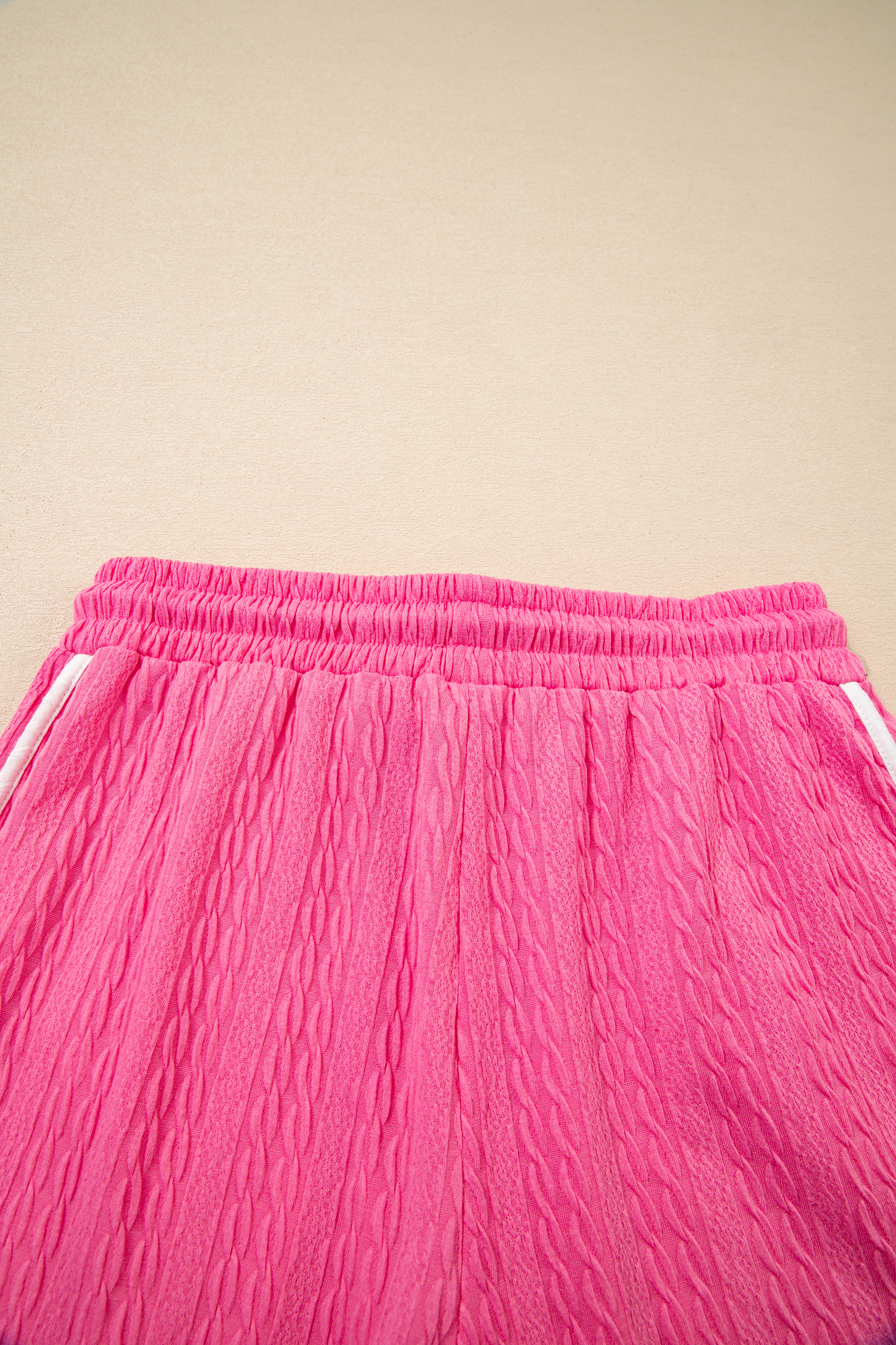 Bright Pink Textured Color Block Trim Loose Tee Drawstring Shorts 2pcs Set - loveforevers